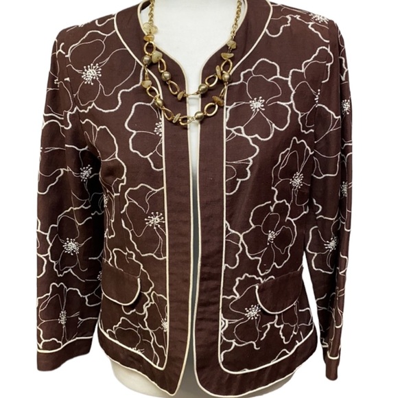 Rafael Brown White Flowers Linen Blazer - Picture 1 of 3